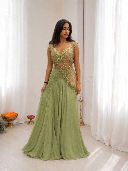 Perfect Green Chinon Silk Embroidered Lehenga Choli with Attached Net Pallu Ready To Wear Saree 