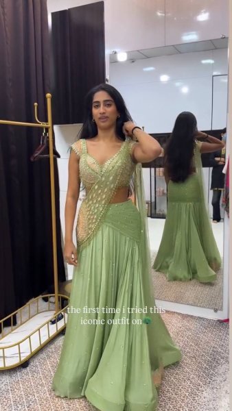 Perfect Green Chinon Silk Embroidered Lehenga Choli with Attached Net Pallu Ready To Wear Saree 