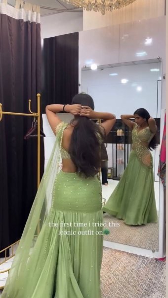 Perfect Green Chinon Silk Embroidered Lehenga Choli with Attached Net Pallu Ready To Wear Saree 