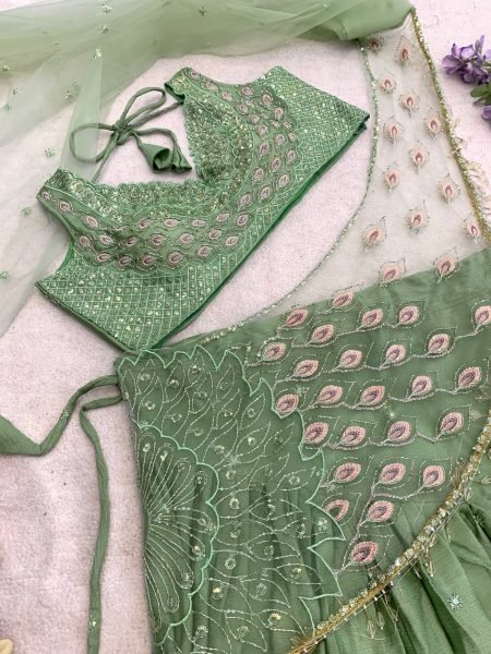 Perfect Green Chinon Silk Embroidered Lehenga Choli with Attached Net Pallu Ready To Wear Saree 