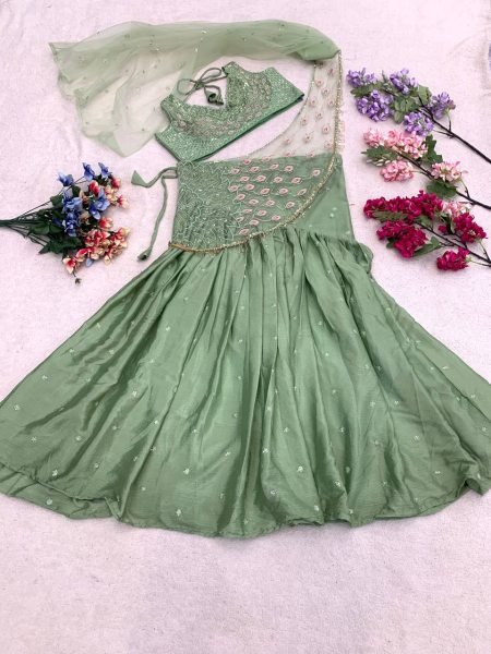 Perfect Green Chinon Silk Embroidered Lehenga Choli with Attached Net Pallu Ready To Wear Saree 