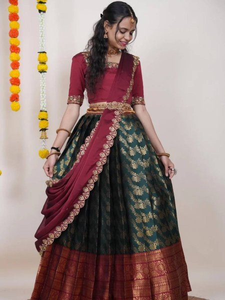 Perfect Green Kanjivaram Silk Lehenga with Banarasi Silk Zari Blouse For Onam  Lehenga
