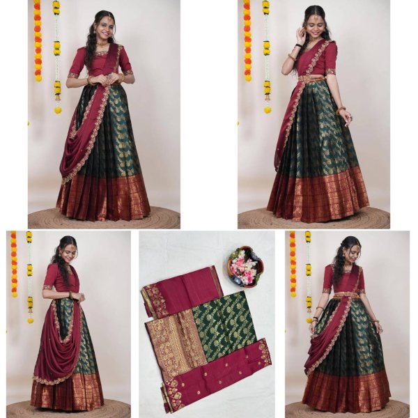 Perfect Green Kanjivaram Silk Lehenga with Banarasi Silk Zari Blouse For Onam Half Saree Lehenga
