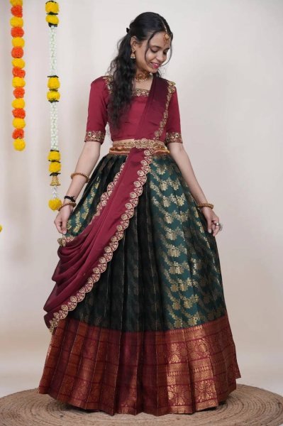 Perfect Green Kanjivaram Silk Lehenga with Banarasi Silk Zari Blouse For Onam Half Saree Lehenga