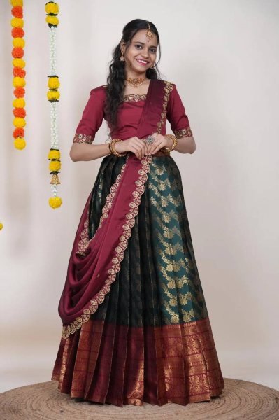 Perfect Green Kanjivaram Silk Lehenga with Banarasi Silk Zari Blouse For Onam Half Saree Lehenga