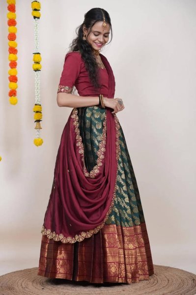Perfect Green Kanjivaram Silk Lehenga with Banarasi Silk Zari Blouse For Onam Half Saree Lehenga