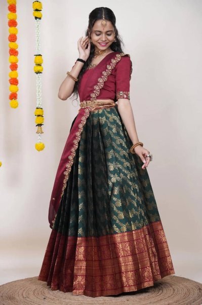 Perfect Green Kanjivaram Silk Lehenga with Banarasi Silk Zari Blouse For Onam Half Saree Lehenga