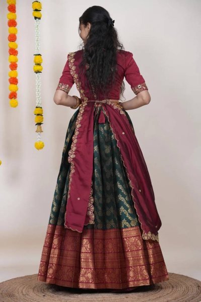 Perfect Green Kanjivaram Silk Lehenga with Banarasi Silk Zari Blouse For Onam Half Saree Lehenga