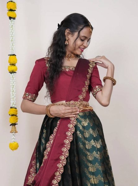 Perfect Green Kanjivaram Silk Lehenga with Banarasi Silk Zari Blouse For Onam Half Saree Lehenga