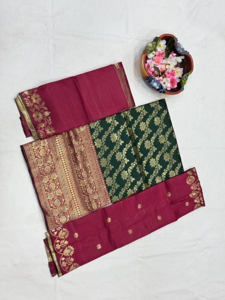 Perfect Green Kanjivaram Silk Lehenga with Banarasi Silk Zari Blouse For Onam Half Saree Lehenga