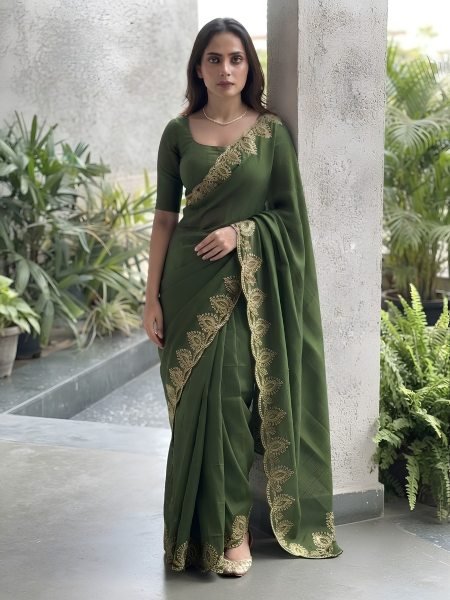 Perfect Green Soft Chiffon Saree with Embroidery Work and Designer Blouse Sarees 