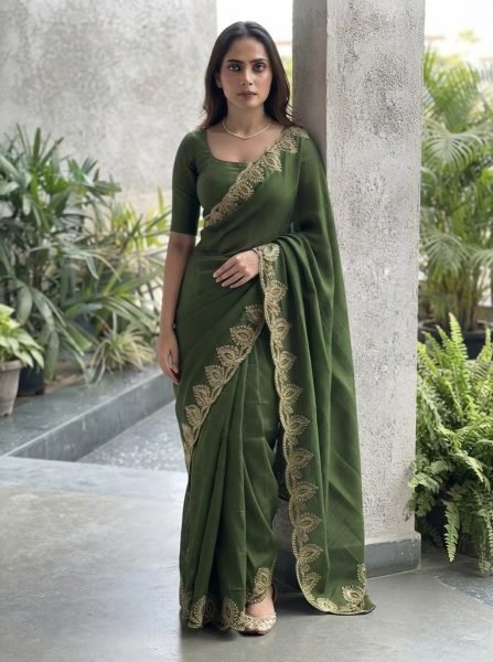 Perfect Green Soft Chiffon Saree with Embroidery Work and Designer Blouse Designer Wedding Sarees Wholesale