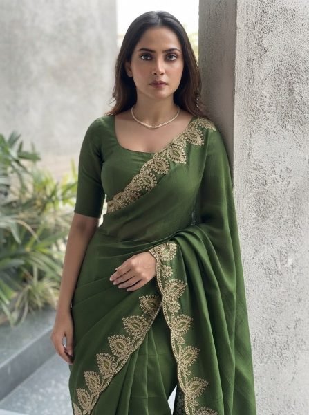 Perfect Green Soft Chiffon Saree with Embroidery Work and Designer Blouse Designer Wedding Sarees Wholesale