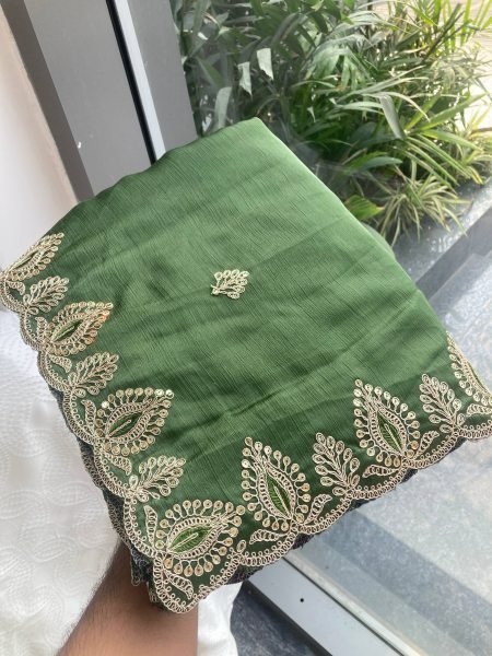 Perfect Green Soft Chiffon Saree with Embroidery Work and Designer Blouse Designer Wedding Sarees Wholesale
