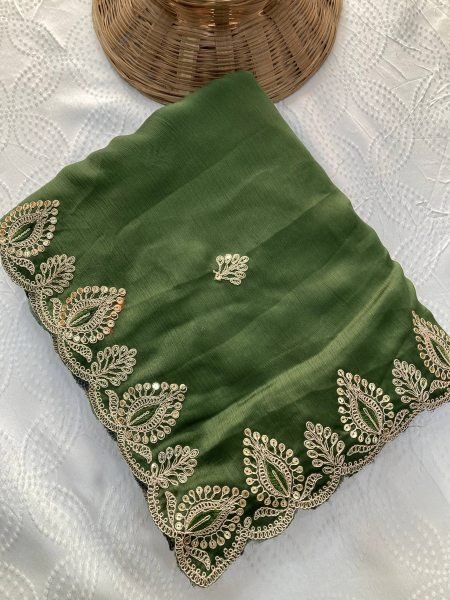 Perfect Green Soft Chiffon Saree with Embroidery Work and Designer Blouse Designer Wedding Sarees Wholesale