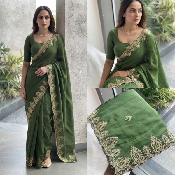 Perfect Green Soft Chiffon Saree with Embroidery Work and Designer Blouse Designer Wedding Sarees Wholesale