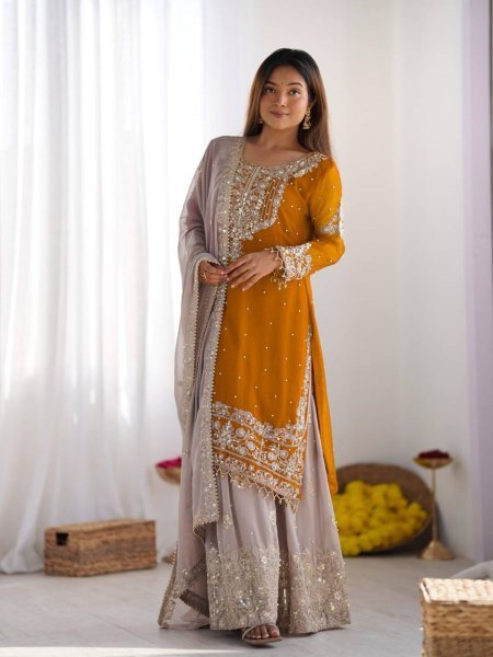 Perfect Haldi & Festive Wear Mustard Yellow Georgette Palazzo Suit with Embroidery