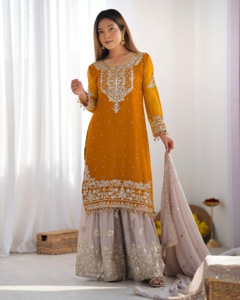 Perfect Haldi & Festive Wear Mustard Yellow Georgette Palazzo Suit with Embroidery Ready To Wear Collection