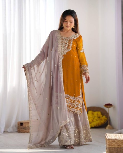 Perfect Haldi & Festive Wear Mustard Yellow Georgette Palazzo Suit with Embroidery Ready To Wear Collection