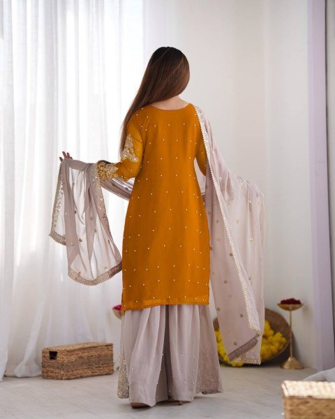 Perfect Haldi & Festive Wear Mustard Yellow Georgette Palazzo Suit with Embroidery Ready To Wear Collection