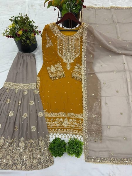 Perfect Haldi & Festive Wear Mustard Yellow Georgette Palazzo Suit with Embroidery Ready To Wear Collection