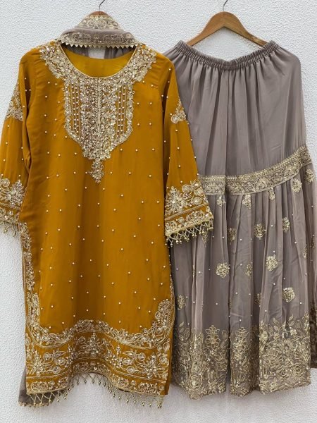 Perfect Haldi & Festive Wear Mustard Yellow Georgette Palazzo Suit with Embroidery Ready To Wear Collection