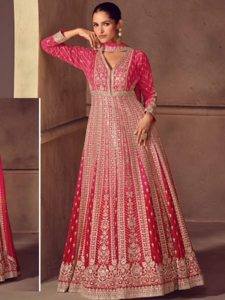 Perfect Hot Pink Premium Real Chinon Embroidered Top Dupatta Set for Wedding Salwar Kameez