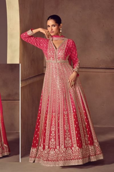 Perfect Hot Pink Premium Real Chinon Embroidered Top Dupatta Set for Wedding Anarakali Gown Wholesale