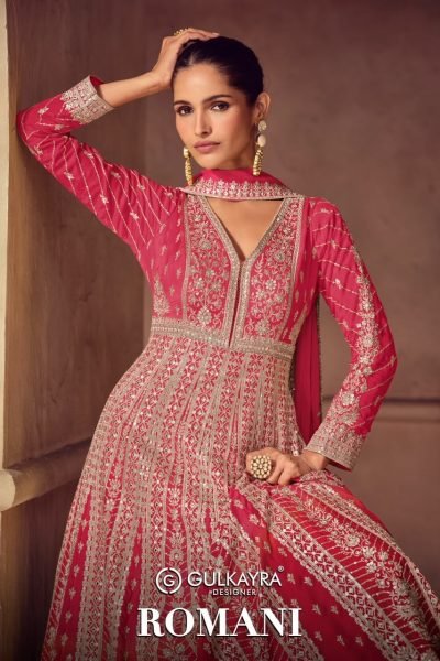 Perfect Hot Pink Premium Real Chinon Embroidered Top Dupatta Set for Wedding Anarakali Gown Wholesale