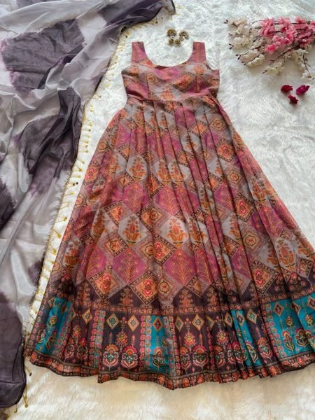Perfect Jimmy Organza Silk Digital Printed Anarkali Gown with Dupatta For Wedding Wear Anarkali Suit Ready To Wear Collection