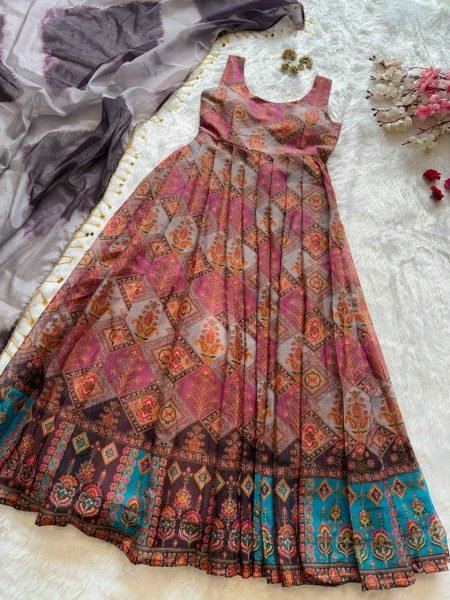 Perfect Jimmy Organza Silk Digital Printed Anarkali Gown with Dupatta For Wedding Wear Anarkali Suit Ready To Wear Collection