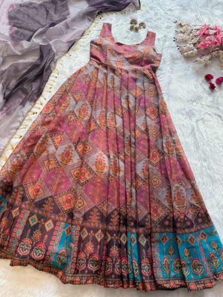 Perfect Jimmy Organza Silk Digital Printed Anarkali Gown with Dupatta For Wedding Wear Anarkali Suit Ready To Wear Collection