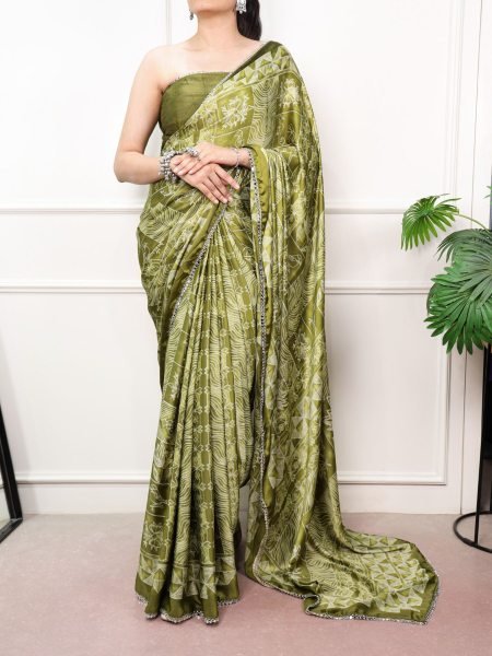 Perfect Mahendi Green Designer Mirror Lace Satin Silk Saree with Unstitched Blouse 