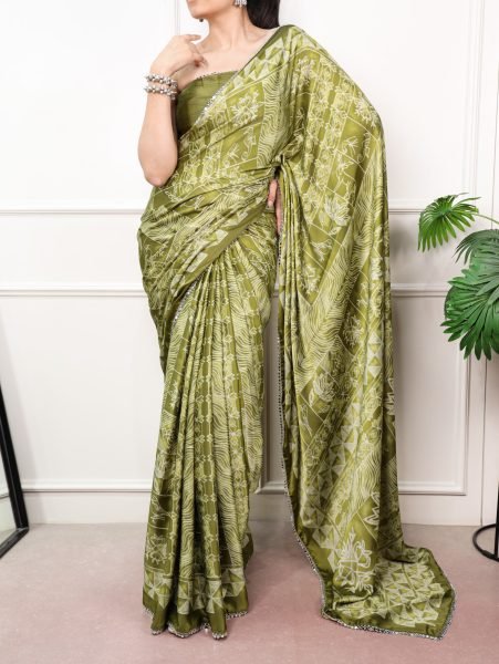 Perfect Mahendi Green Designer Mirror Lace Satin Silk Saree with Unstitched Blouse Silk Sarees Wholesale