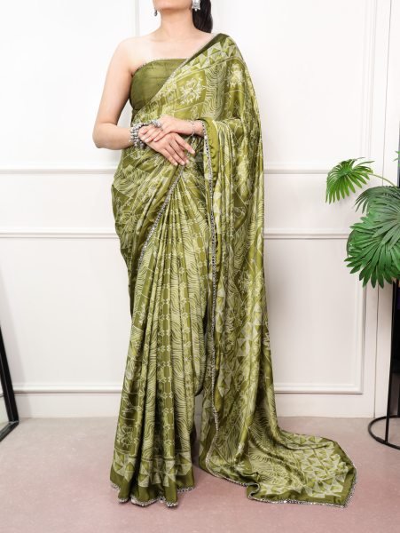 Perfect Mahendi Green Designer Mirror Lace Satin Silk Saree with Unstitched Blouse Silk Sarees Wholesale