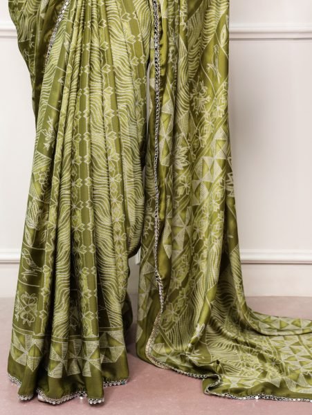 Perfect Mahendi Green Designer Mirror Lace Satin Silk Saree with Unstitched Blouse Silk Sarees Wholesale