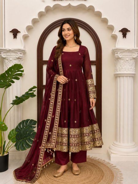 Perfect Maroon Fendy Silk Embroidered Gown Pant Dupatta Set For Wedding Wear Ready To Wear Suit