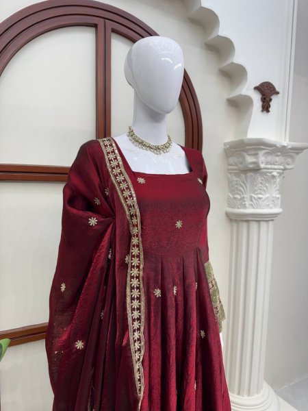 Perfect Maroon Fendy Silk Embroidered Gown Pant Dupatta Set For Wedding Wear Ready To Wear Collection