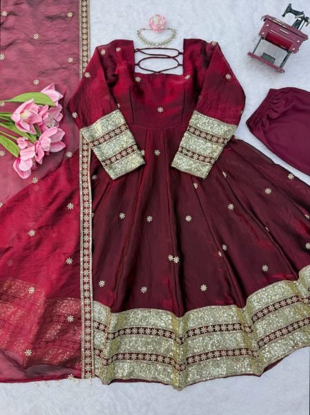 Perfect Maroon Fendy Silk Embroidered Gown Pant Dupatta Set For Wedding Wear Ready To Wear Collection