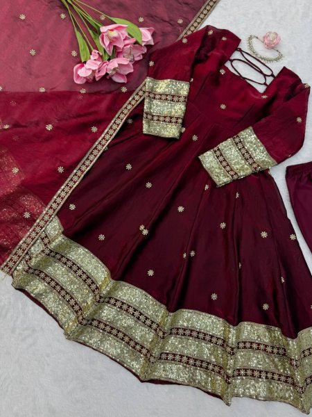 Perfect Maroon Fendy Silk Embroidered Gown Pant Dupatta Set For Wedding Wear Ready To Wear Collection