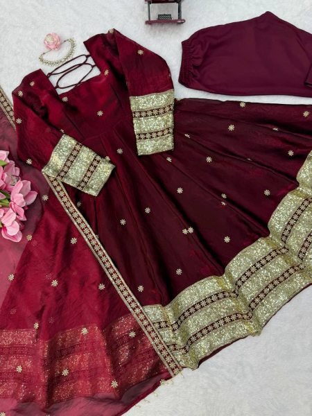 Perfect Maroon Fendy Silk Embroidered Gown Pant Dupatta Set For Wedding Wear Ready To Wear Collection