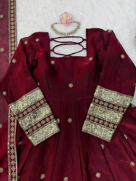 Perfect Maroon Fendy Silk Embroidered Gown Pant Dupatta Set For Wedding Wear Ready To Wear Collection