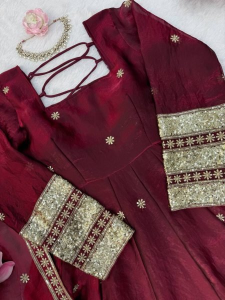 Perfect Maroon Fendy Silk Embroidered Gown Pant Dupatta Set For Wedding Wear Ready To Wear Collection