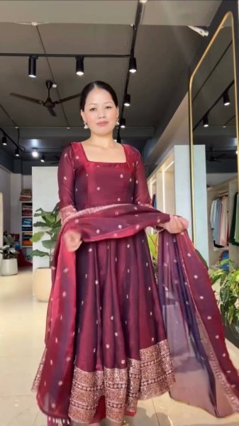 Perfect Maroon Fendy Silk Embroidered Gown Pant Dupatta Set For Wedding Wear Ready To Wear Collection