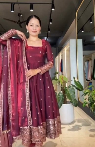Perfect Maroon Fendy Silk Embroidered Gown Pant Dupatta Set For Wedding Wear Ready To Wear Collection