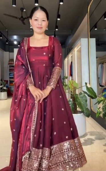 Perfect Maroon Fendy Silk Embroidered Gown Pant Dupatta Set For Wedding Wear Ready To Wear Collection