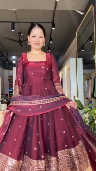 Perfect Maroon Fendy Silk Embroidered Gown Pant Dupatta Set For Wedding Wear Ready To Wear Collection