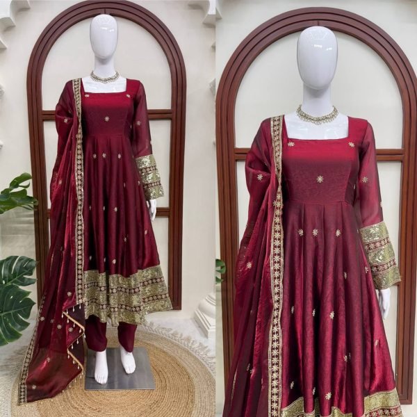 Perfect Maroon Fendy Silk Embroidered Gown Pant Dupatta Set For Wedding Wear Ready To Wear Collection