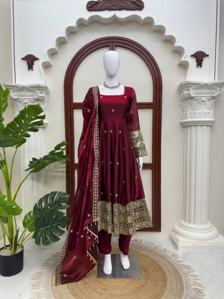Perfect Maroon Fendy Silk Embroidered Gown Pant Dupatta Set For Wedding Wear Ready To Wear Collection