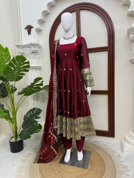 Perfect Maroon Fendy Silk Embroidered Gown Pant Dupatta Set For Wedding Wear Ready To Wear Collection